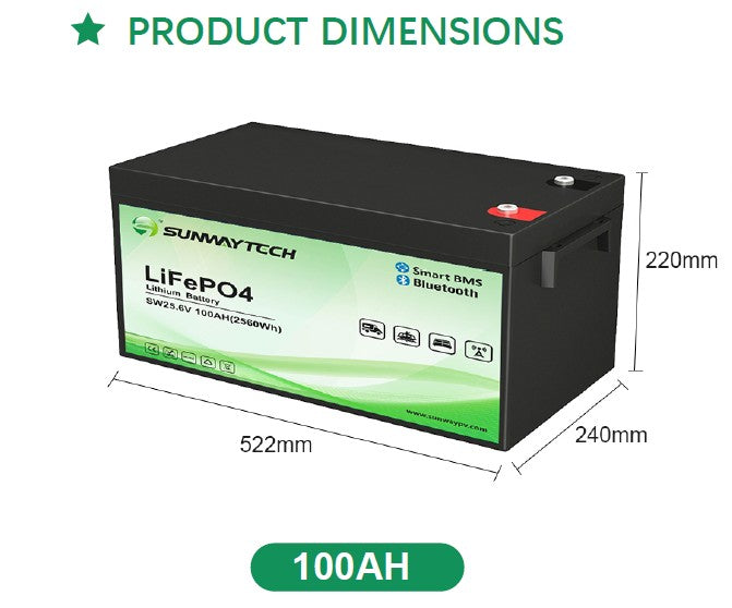 25.6V 100Ah LiFePO4 Batterij incl BMS Lithium Iron Phosphate - 2560Wh 2.56kwh