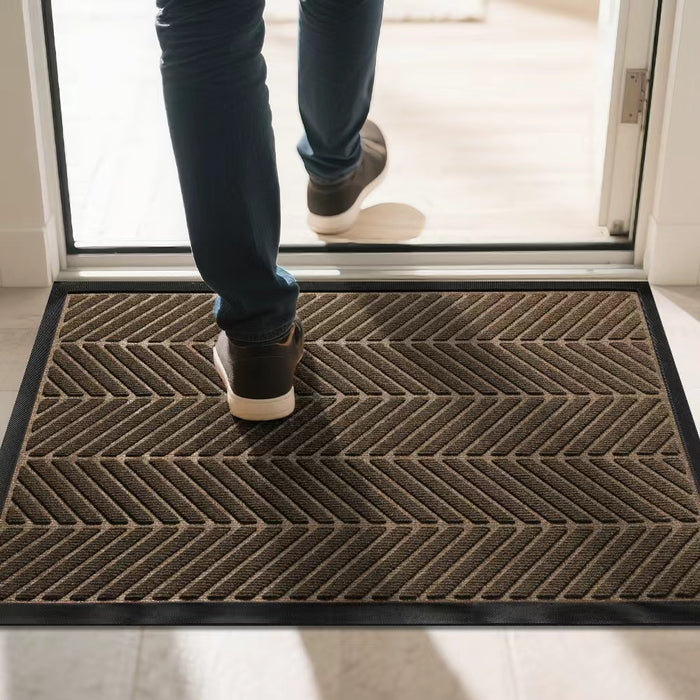 Luxe Deurmat 45x75 cm – Visgraatmotief – Bruin – Natuurlijk Rubber & Polyester – Voor Binnen & Buiten – Anti-slip