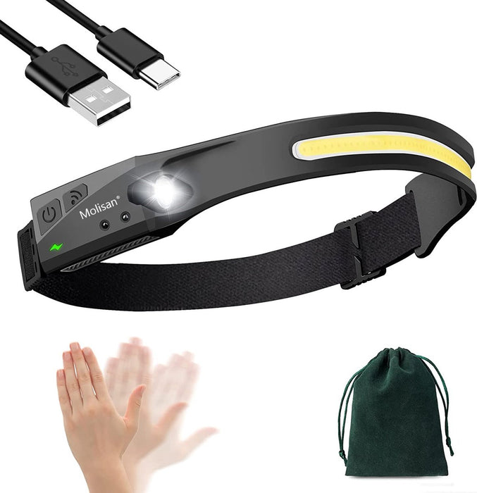 Molisan LED Hoofdlamp 230° - Te bedienen met bewegingssensor - Oplaadbaar USB Type C - 350 lumen - IPX4 Waterdicht - 46 Meter bereik - 5 verschillende standen - INCLUSIEF Opbergtasje en USB Type C kabel