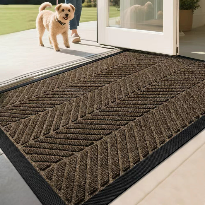 Luxe Deurmat 45x75 cm – Visgraatmotief – Bruin – Natuurlijk Rubber & Polyester – Voor Binnen & Buiten – Anti-slip