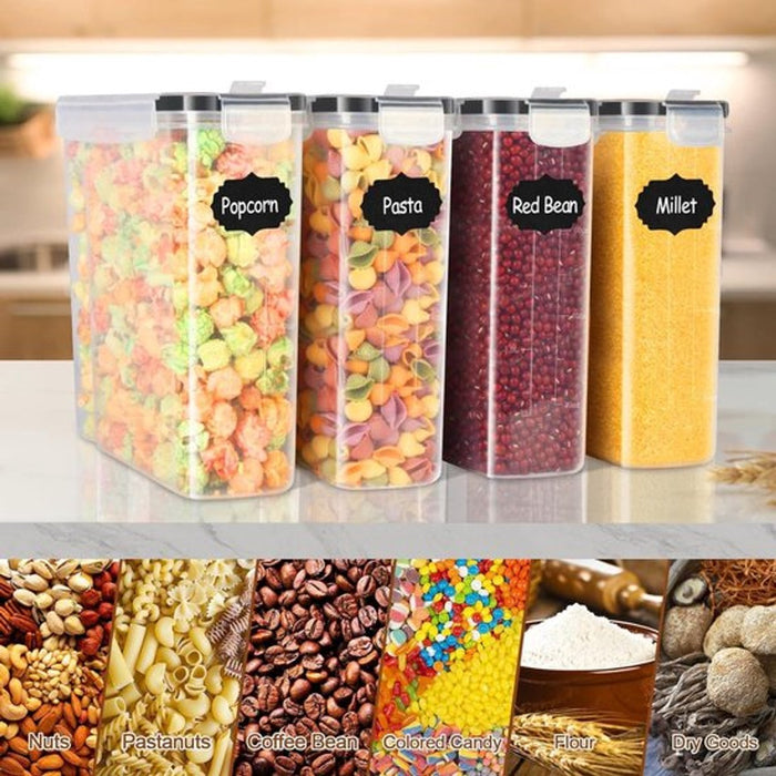 Bakjes - Voorraadpotten 4L – Set van 4 – Luchtdicht & BPA-vrij – Inclusief Etiketten & Maatlepel – Keukenopbergers - stapelbaar 24x22x9 cm