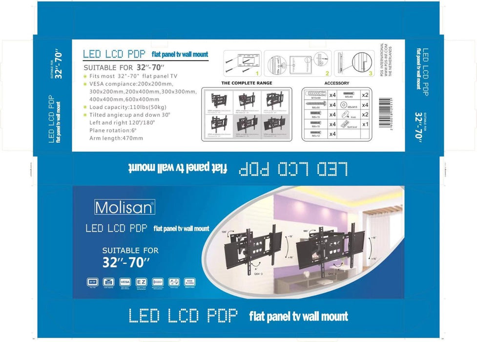 Draaibaar - Kantelbaar Universele TV Muurbeugel - 32 t/m 80 Inch Muur Steun Ophang Beugel TV Wandhouder - Draaibaar - Kantelbaar (max 50KG)