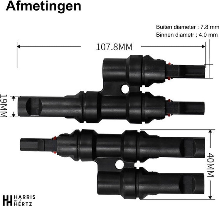 Harris and Hertz - MC4 Zonnepaneel T-Splitter - Solar MC4 Connector - IP67 - 2 Male naar 1 Female + 2 Female naar 1 Male - 1 van elk