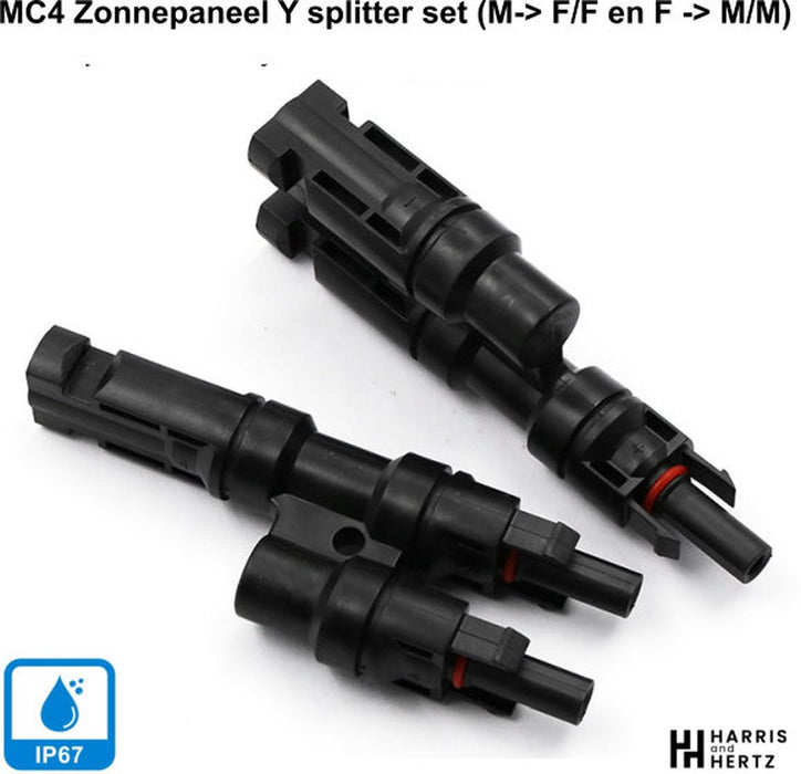 Harris and Hertz - MC4 Zonnepaneel T-Splitter - Solar MC4 Connector - IP67 - 2 Male naar 1 Female + 2 Female naar 1 Male - 1 van elk