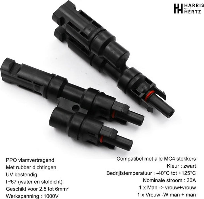 Harris and Hertz - MC4 Zonnepaneel T-Splitter - Solar MC4 Connector - IP67 - 2 Male naar 1 Female + 2 Female naar 1 Male - 1 van elk
