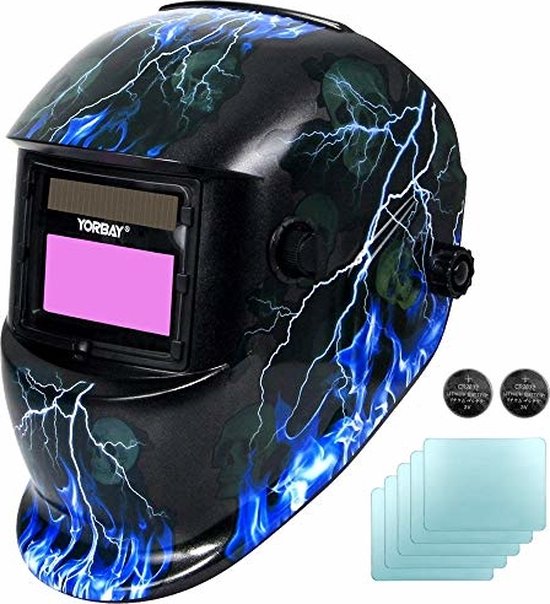 Yorbay K399D-AM Automatische Lashelm Laskap + 5 Reservelenzen Zwart met Bliksem