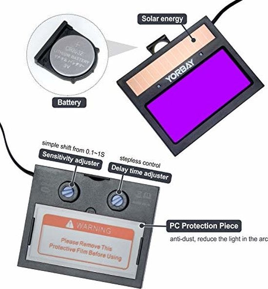 Yorbay K399D-AM Automatische Lashelm Laskap + 5 Reservelenzen Zwart met Bliksem