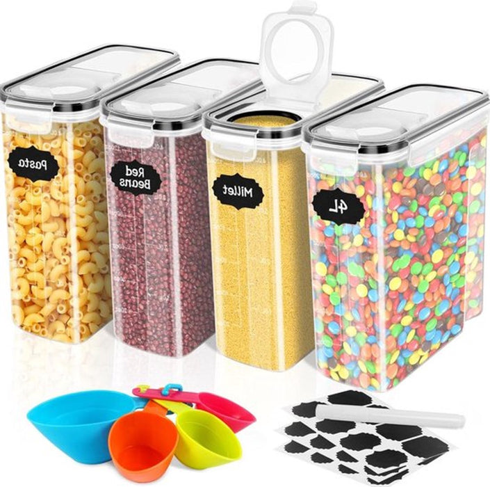 Bakjes - Voorraadpotten 4L – Set van 4 – Luchtdicht & BPA-vrij – Inclusief Etiketten & Maatlepel – Keukenopbergers - stapelbaar 24x22x9 cm