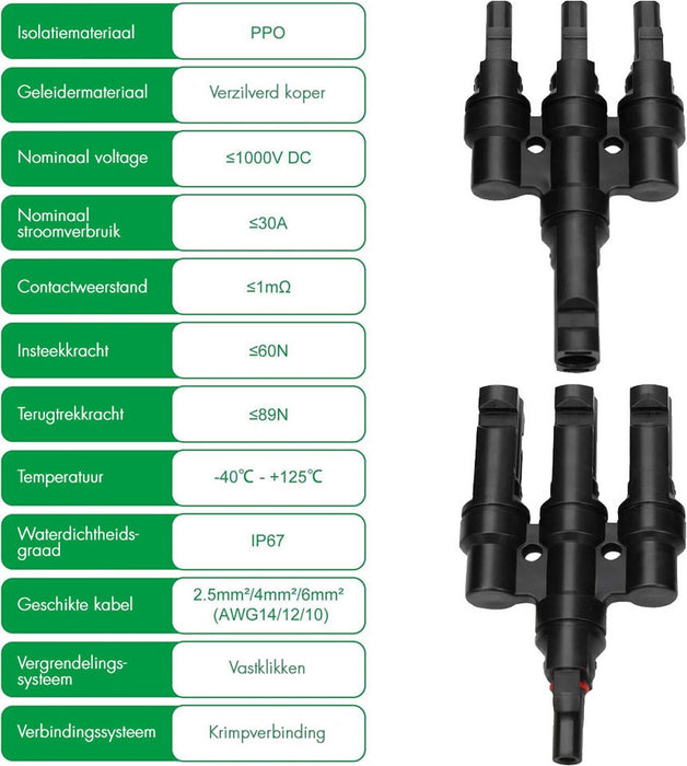 MC4 Solar Connector - T-Splitter - Solar MC4 Connector - IP67 - 3 Male naar 1 Female + 3 Female naar 1 Male