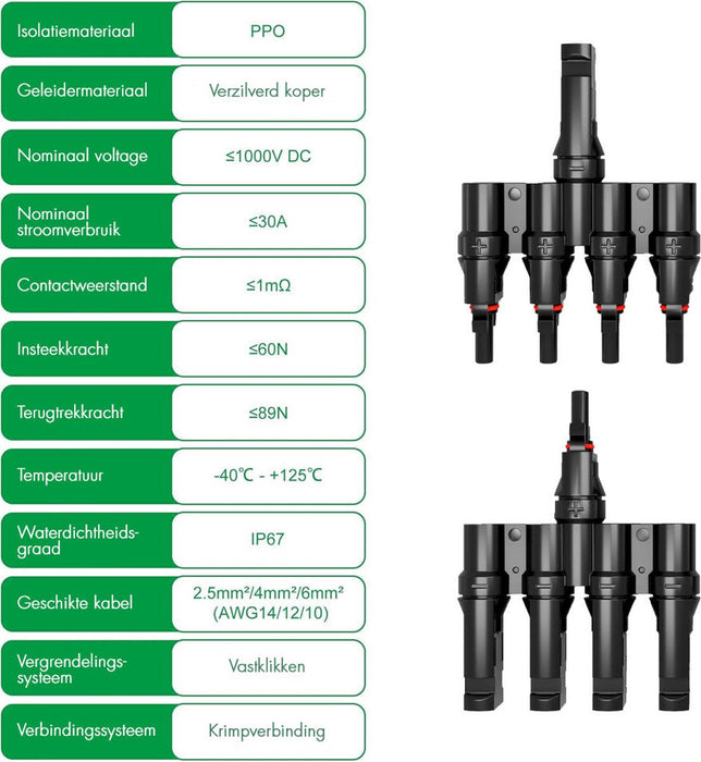MC4 Solar Connector - T-Splitter - Solar MC4 Connector - IP67 - 4 Male naar 1 Female + 4 Female naar 1 Male